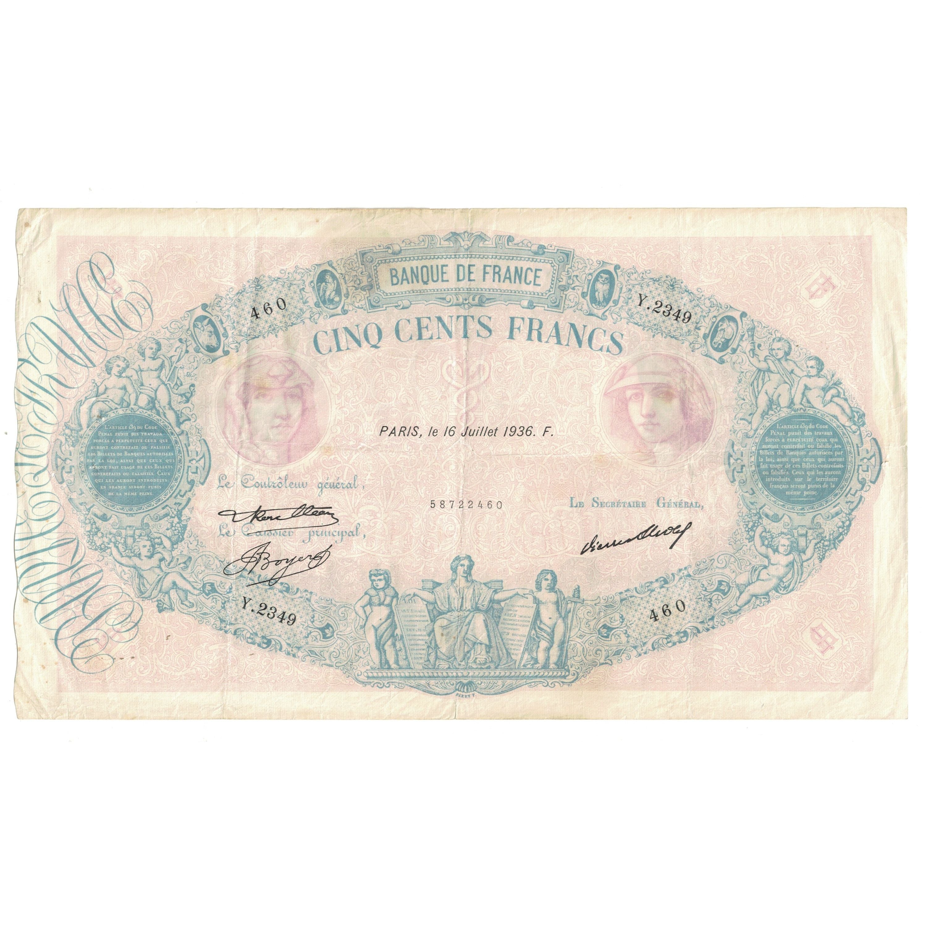 France, 500 Francs, Bleu et Rose, 1936, Y.2349 460, TTB, Fayette:30.37, KM:66m