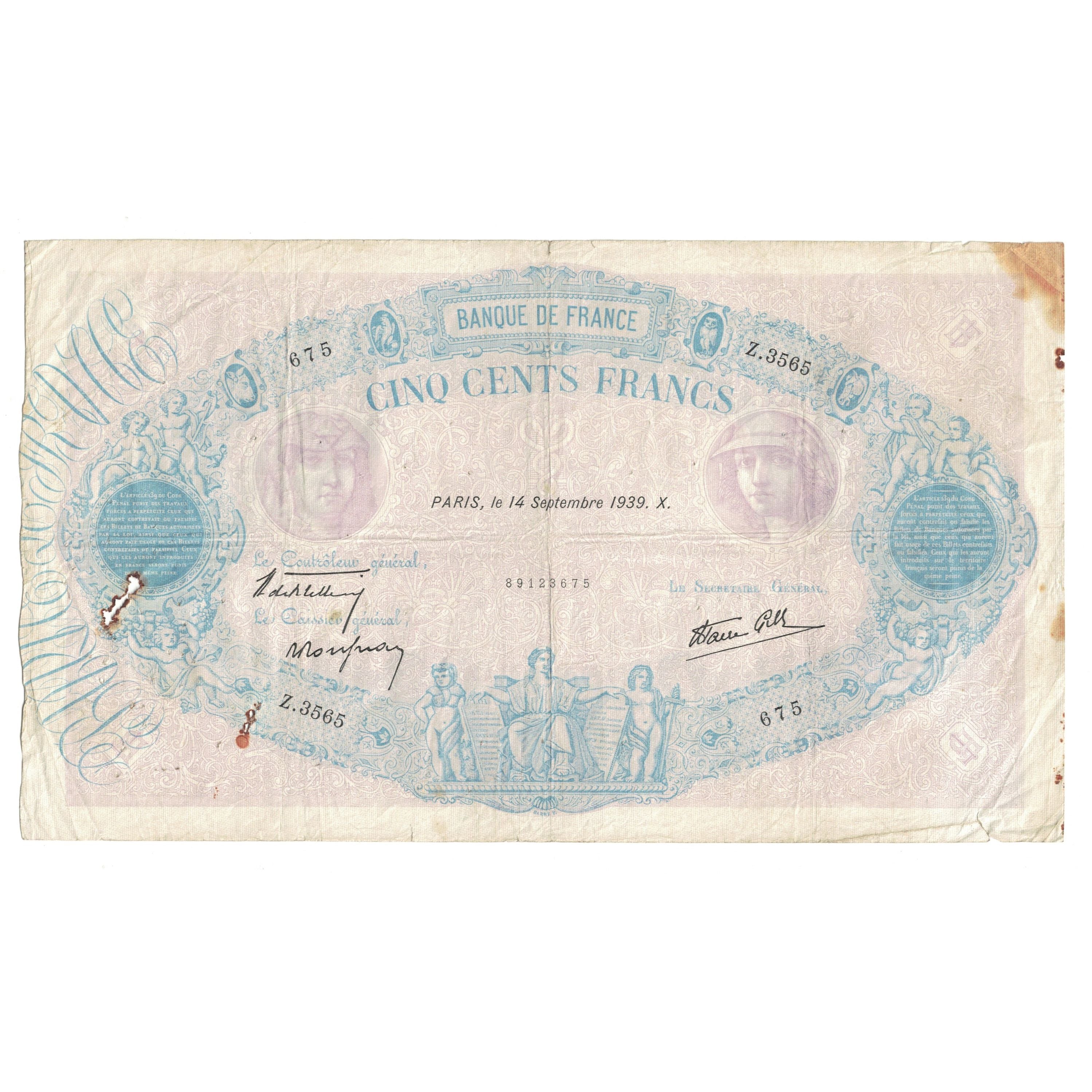 France, 500 Francs, Bleu et Rose, 1939, Z.3565 675, TB, Fayette:31.39, KM:88c