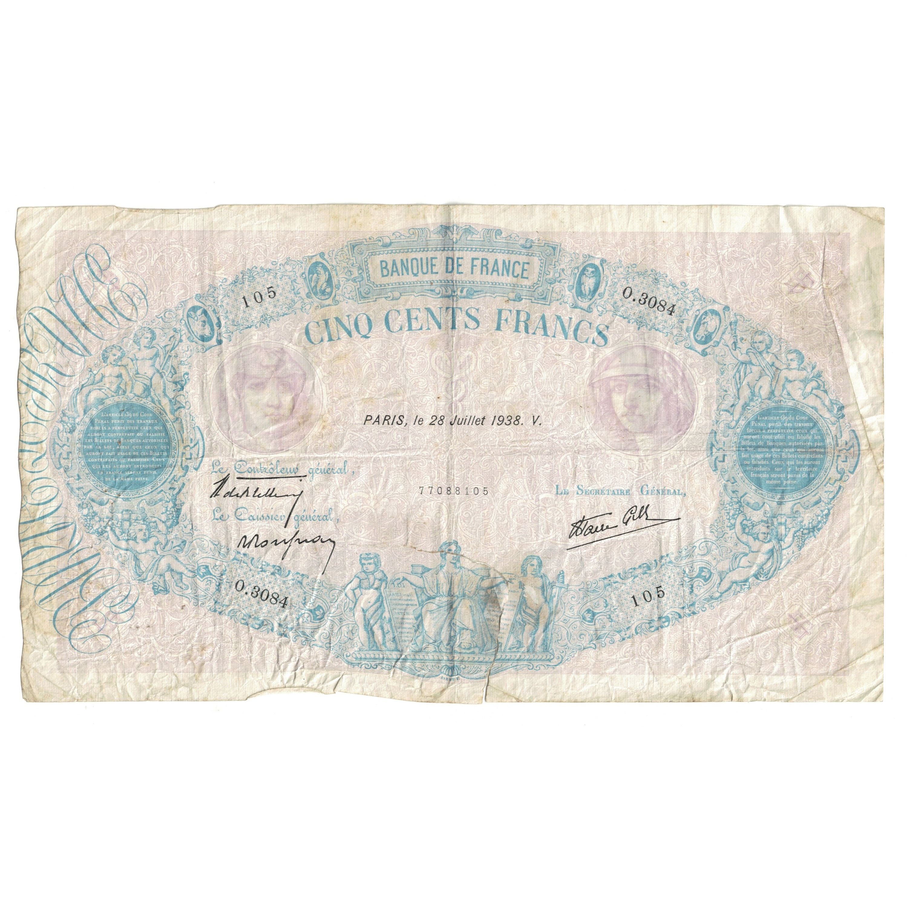 Francia, 500 Francs, Bleu et Rose, 1938, O.3084 105, MB, Fayette:31.19, KM:88c