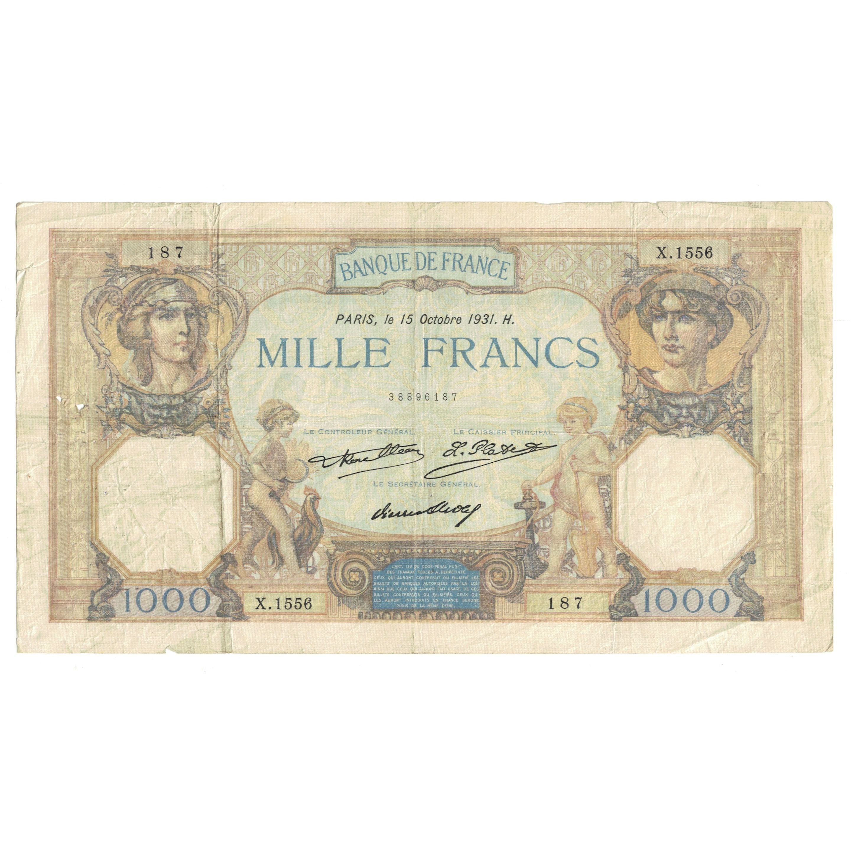 Francia, 1000 Francs, Cérès et Mercure, 1931, X.1556 187, MB+, Fayette:37.6