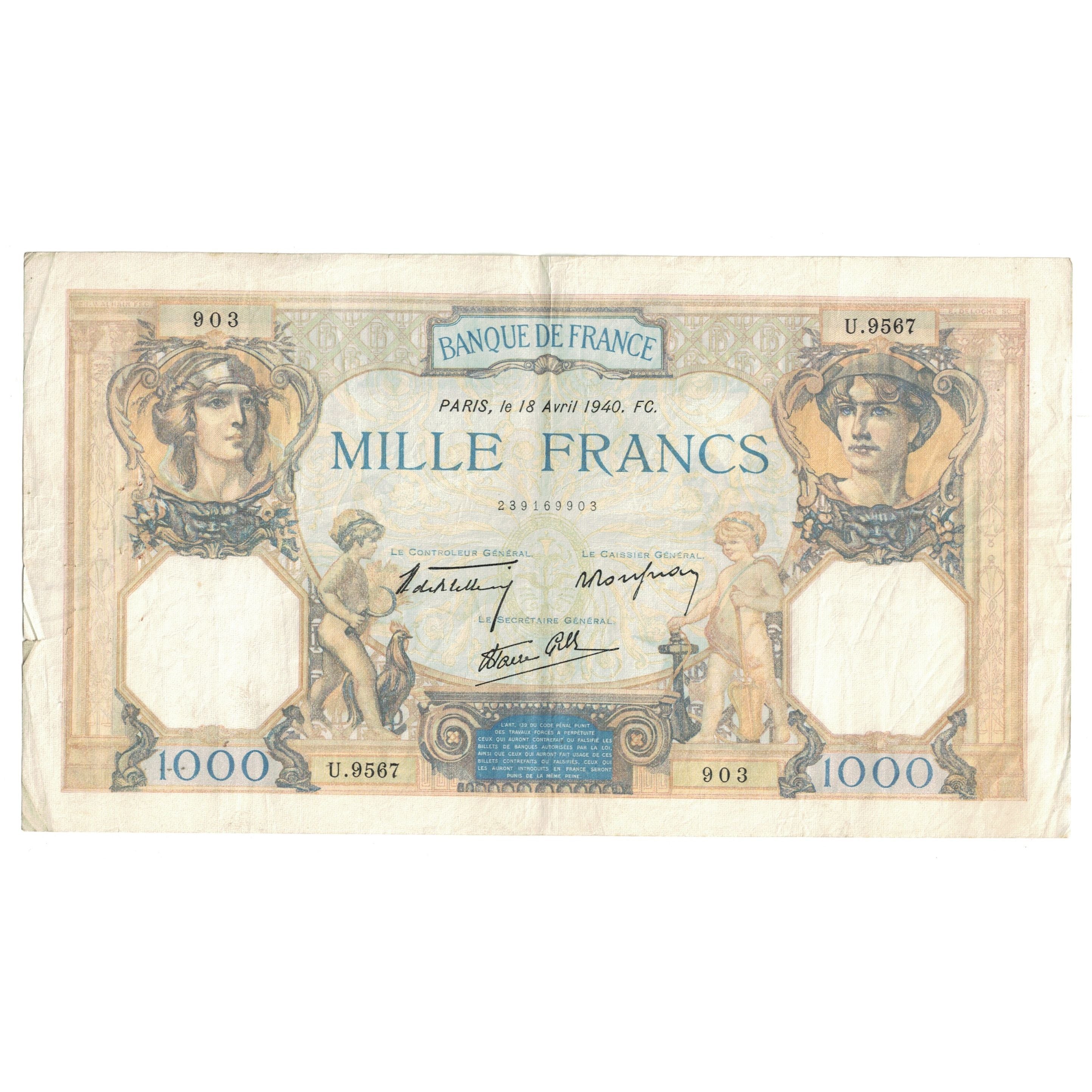 France, 1000 Francs, Cérès et Mercure, 1940, U.9567 903, TTB, Fayette:38.46