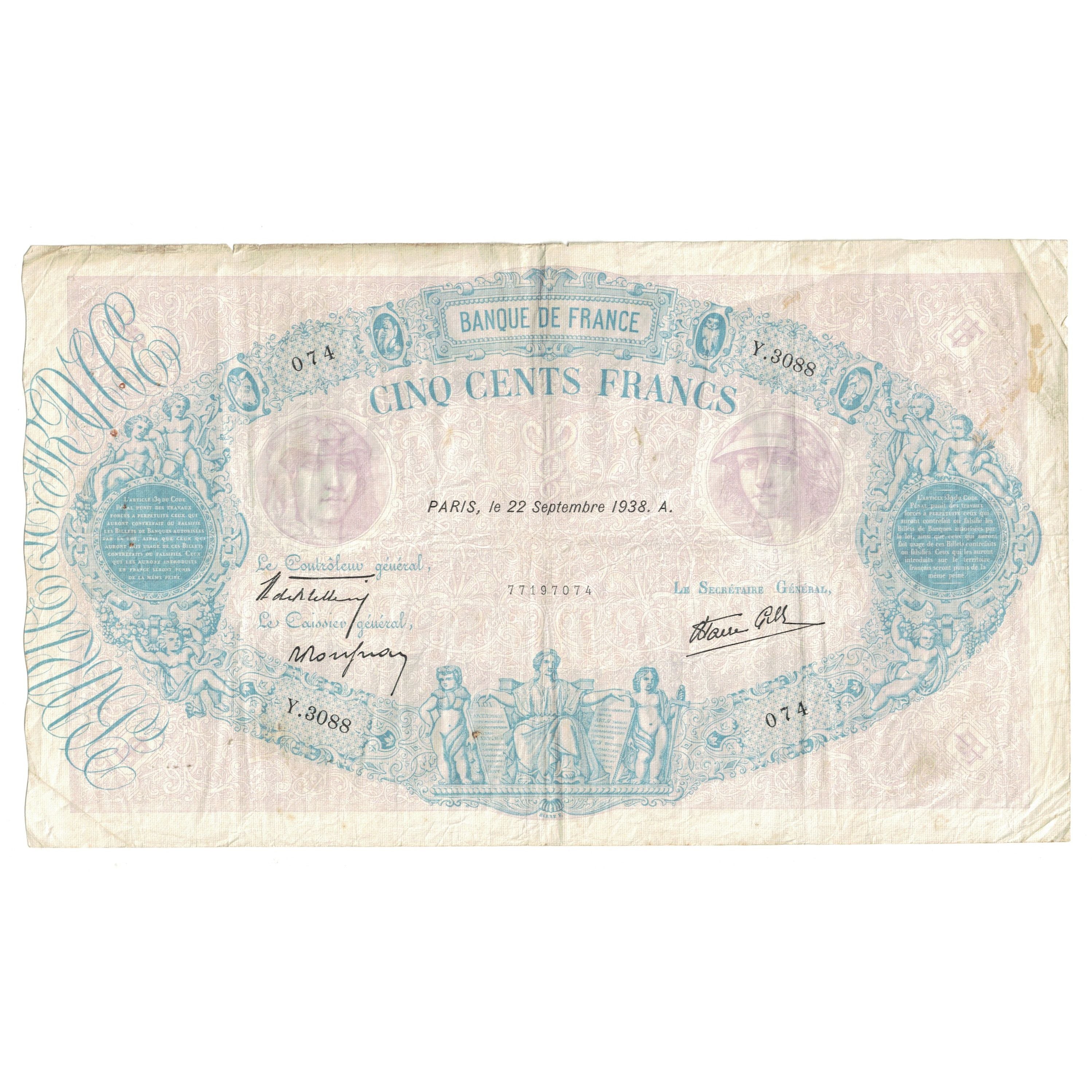 Francja, 500 Francs, Bleu et Rose, 1938, Y.3088 074, EF(40-45), Fayette:31.20