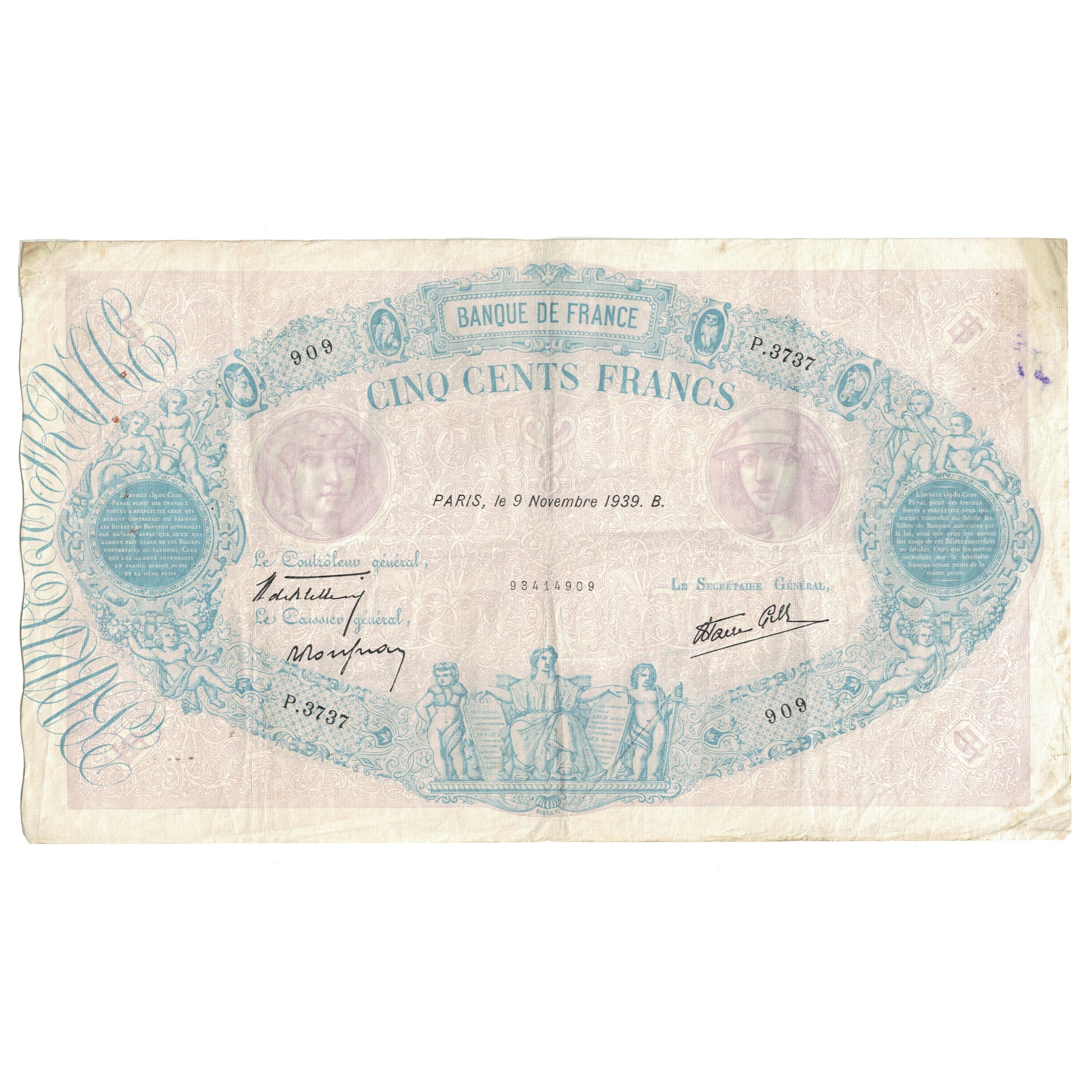 France, 500 Francs, Bleu et Rose, 1939, P.3737 909, VF(30-35), Fayette:31.47