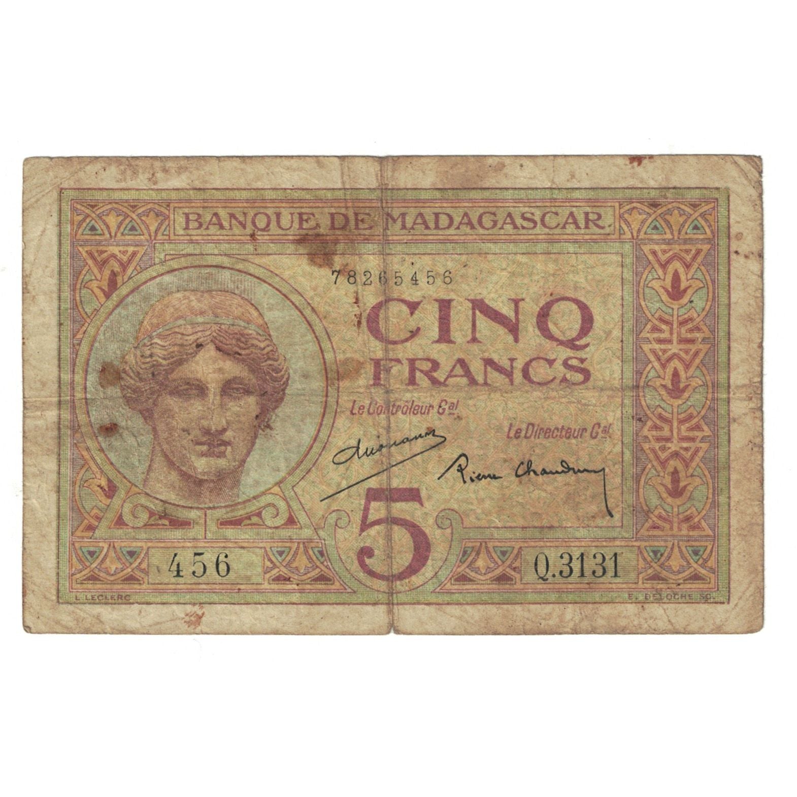 Banknote, Madagascar, 5 Francs, KM:35, VF(20-25)