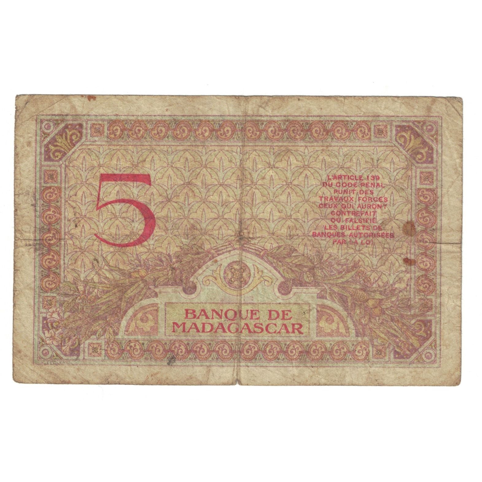 Banknote, Madagascar, 5 Francs, KM:35, VF(20-25)
