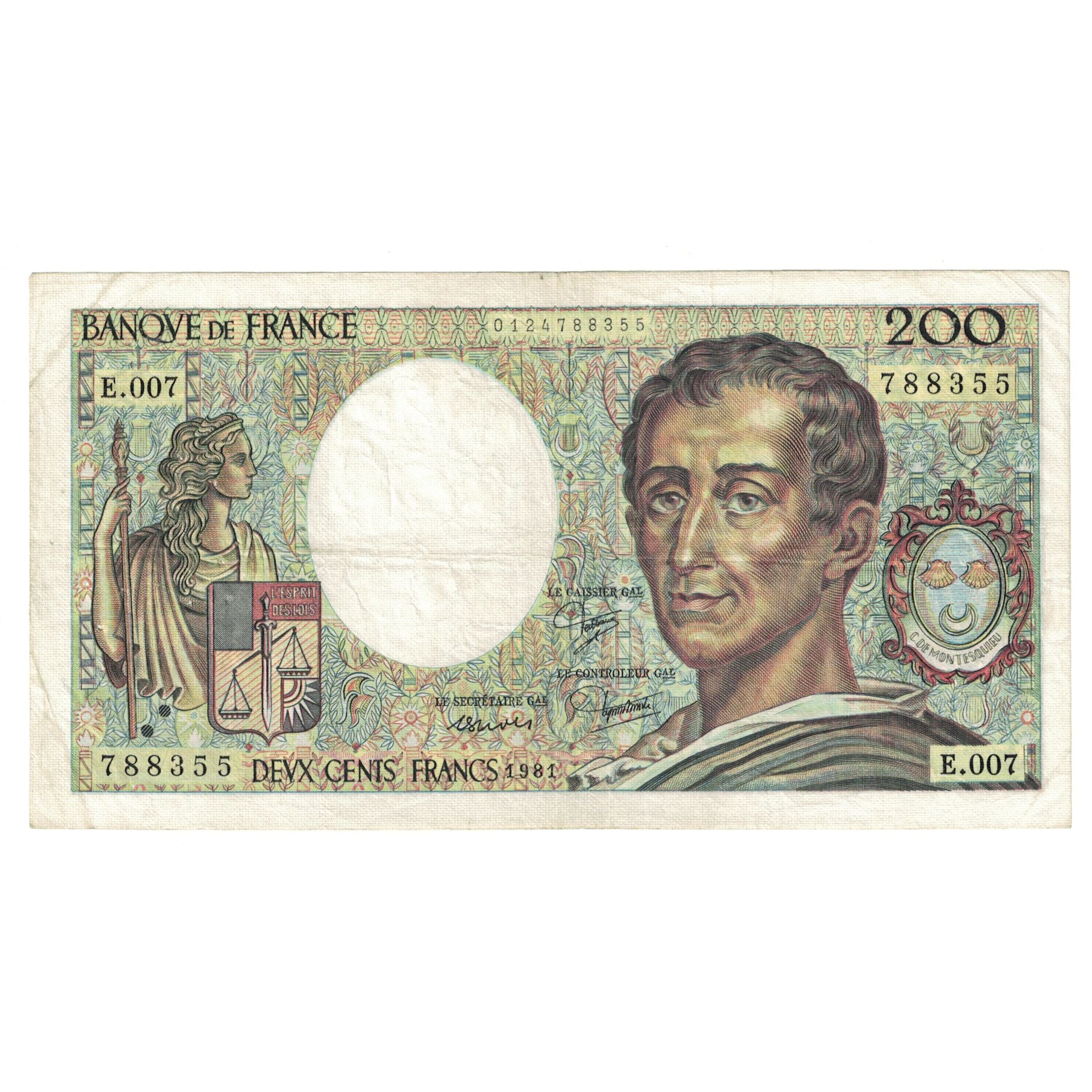 France, 200 Francs, Montesquieu, 1981, E.007 788355, VF(30-35), Fayette:70.1