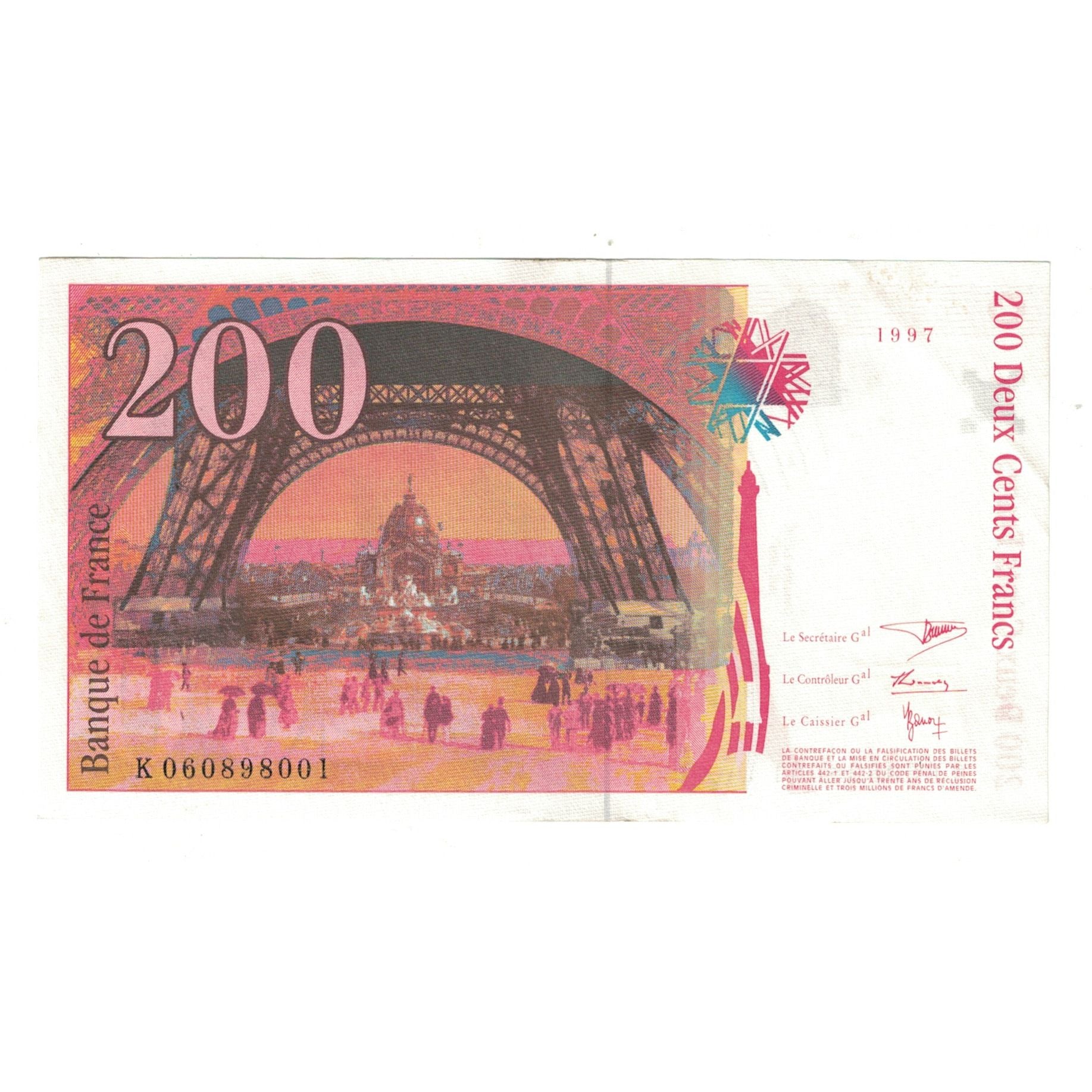 France, 200 Francs, Eiffel, 1997, K 060898001, AU(50-53), Fayette:75.4b, KM:159b