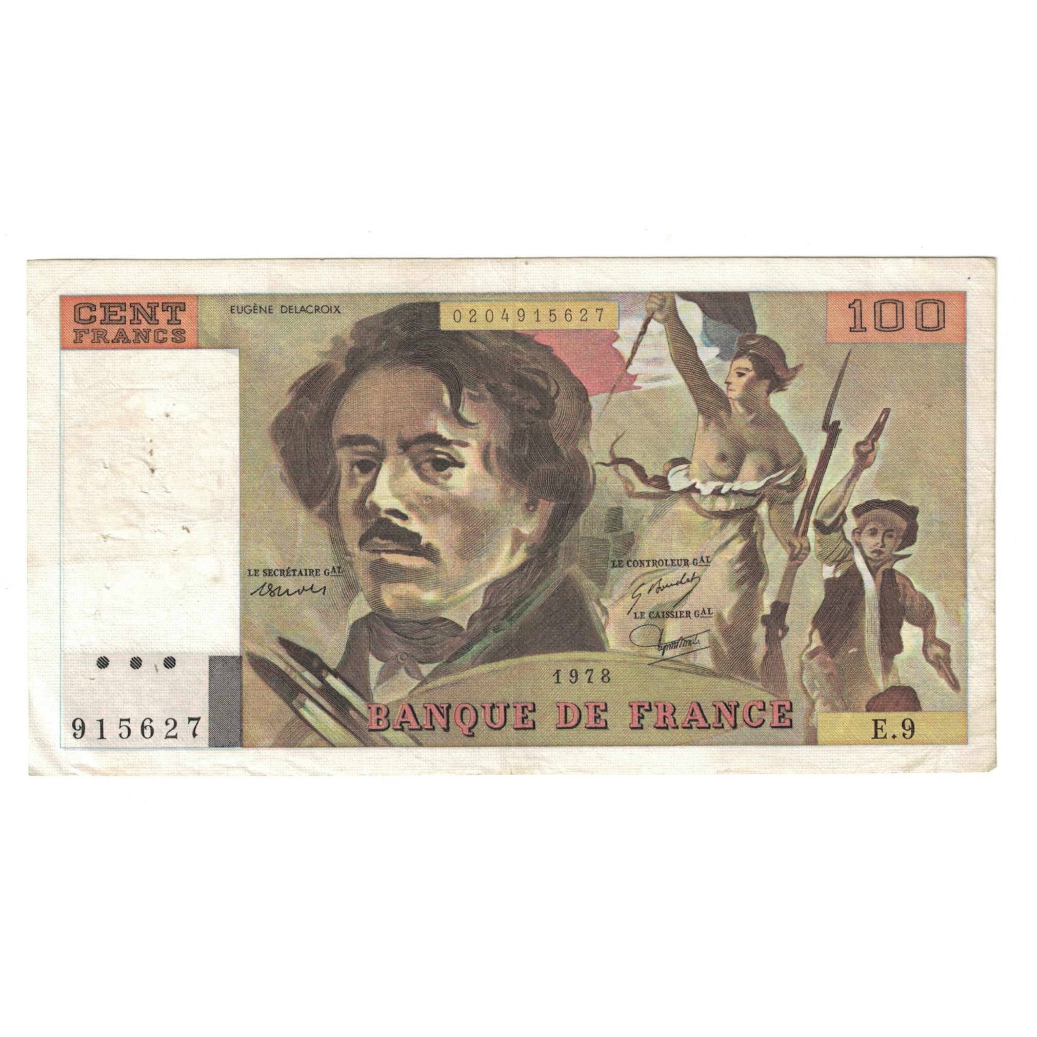 France, 100 Francs, Delacroix, 1978, E.9 915627, EF(40-45), Fayette:69.01g
