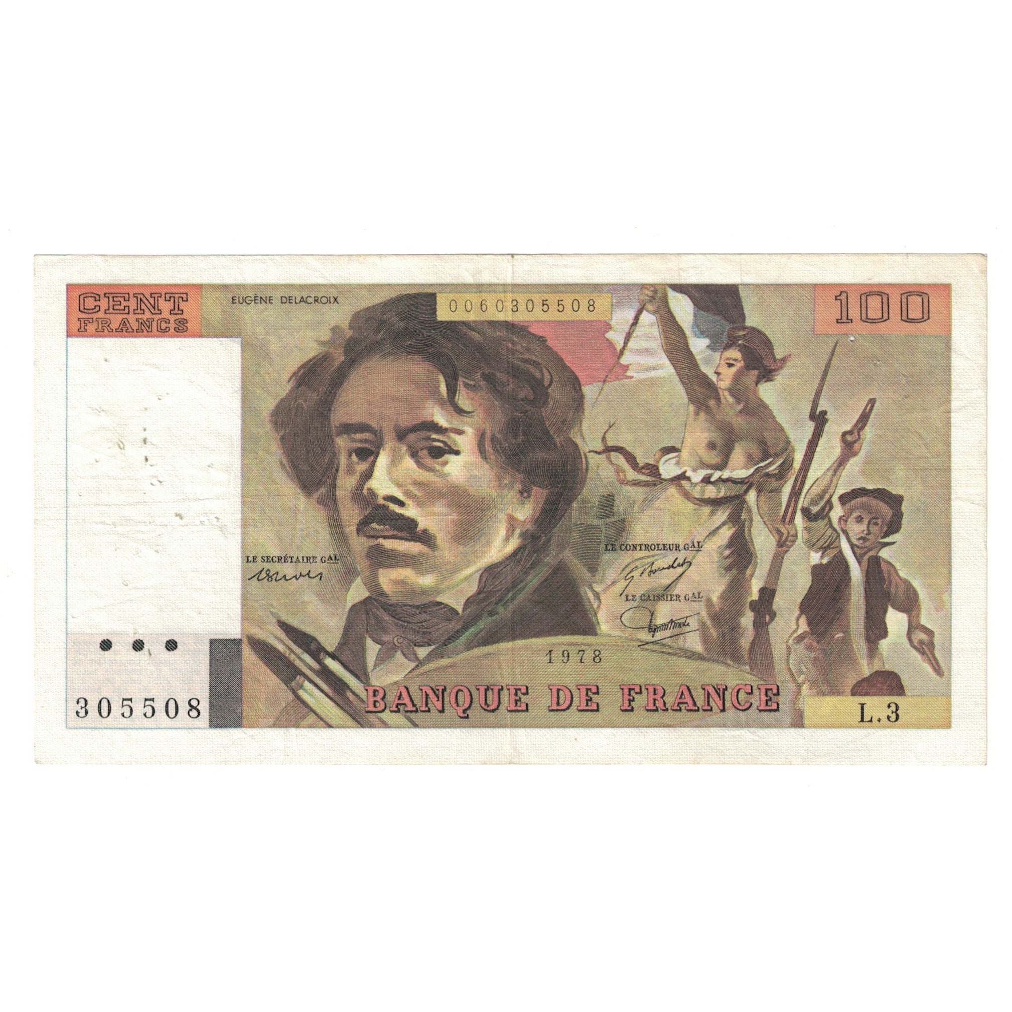 France, 100 Francs, Delacroix, 1978, L.3 305508, EF(40-45), Fayette:69.01b