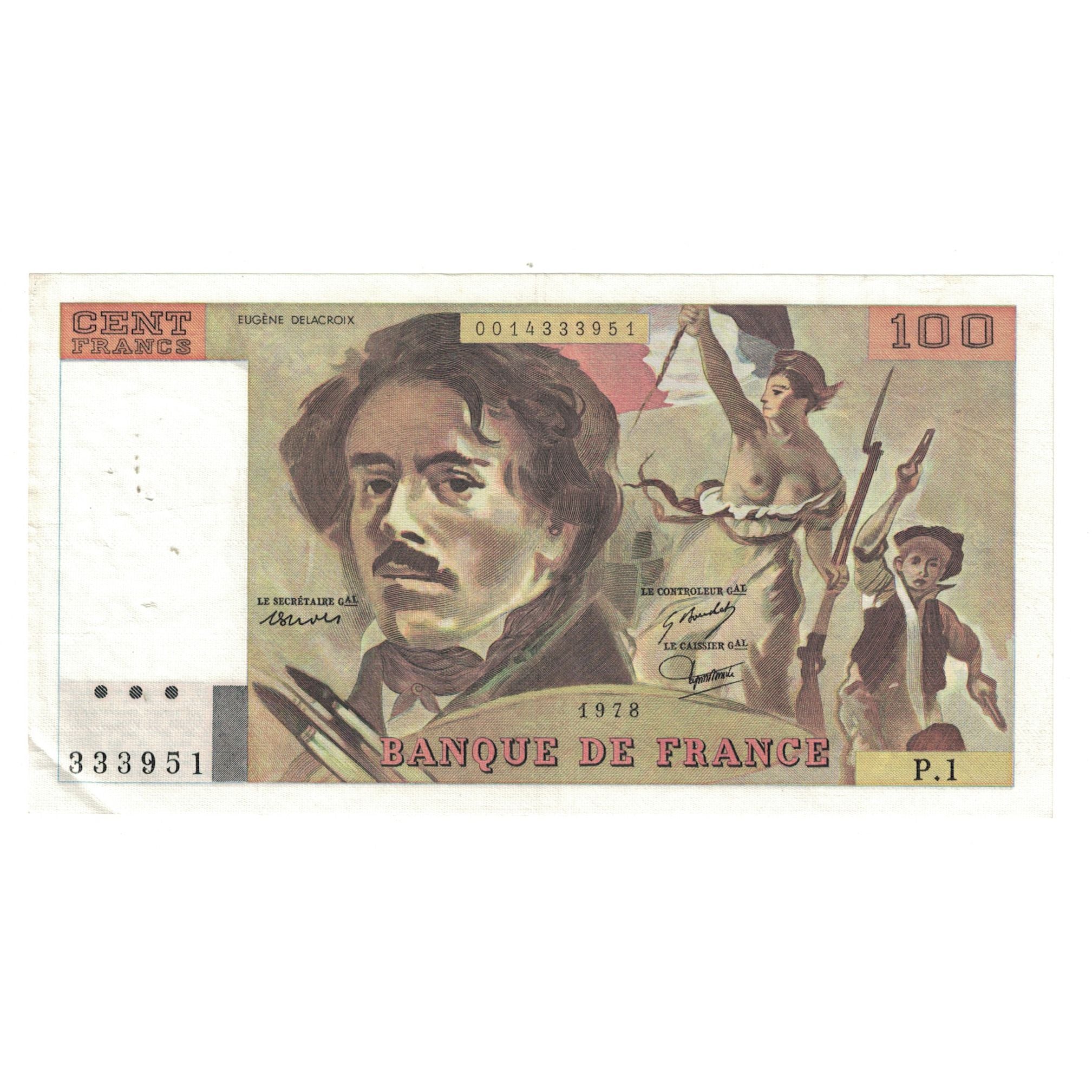 França, 100 Francs, Delacroix, 1978, P.1 333951, EF(40-45), Fayette:69.01e