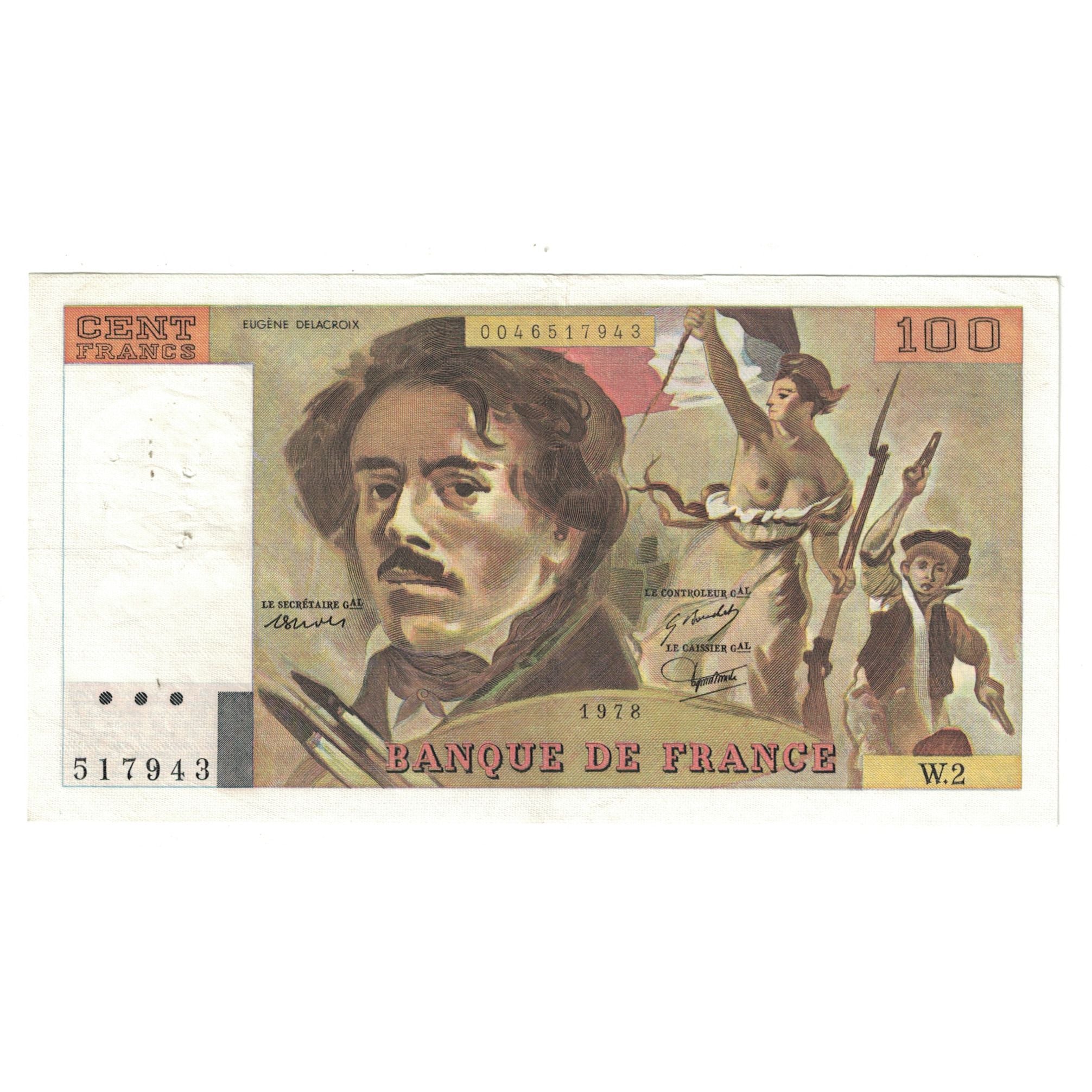 France, 100 Francs, Delacroix, 1978, W.2517943, AU(55-58), Fayette:68.2, KM:154h