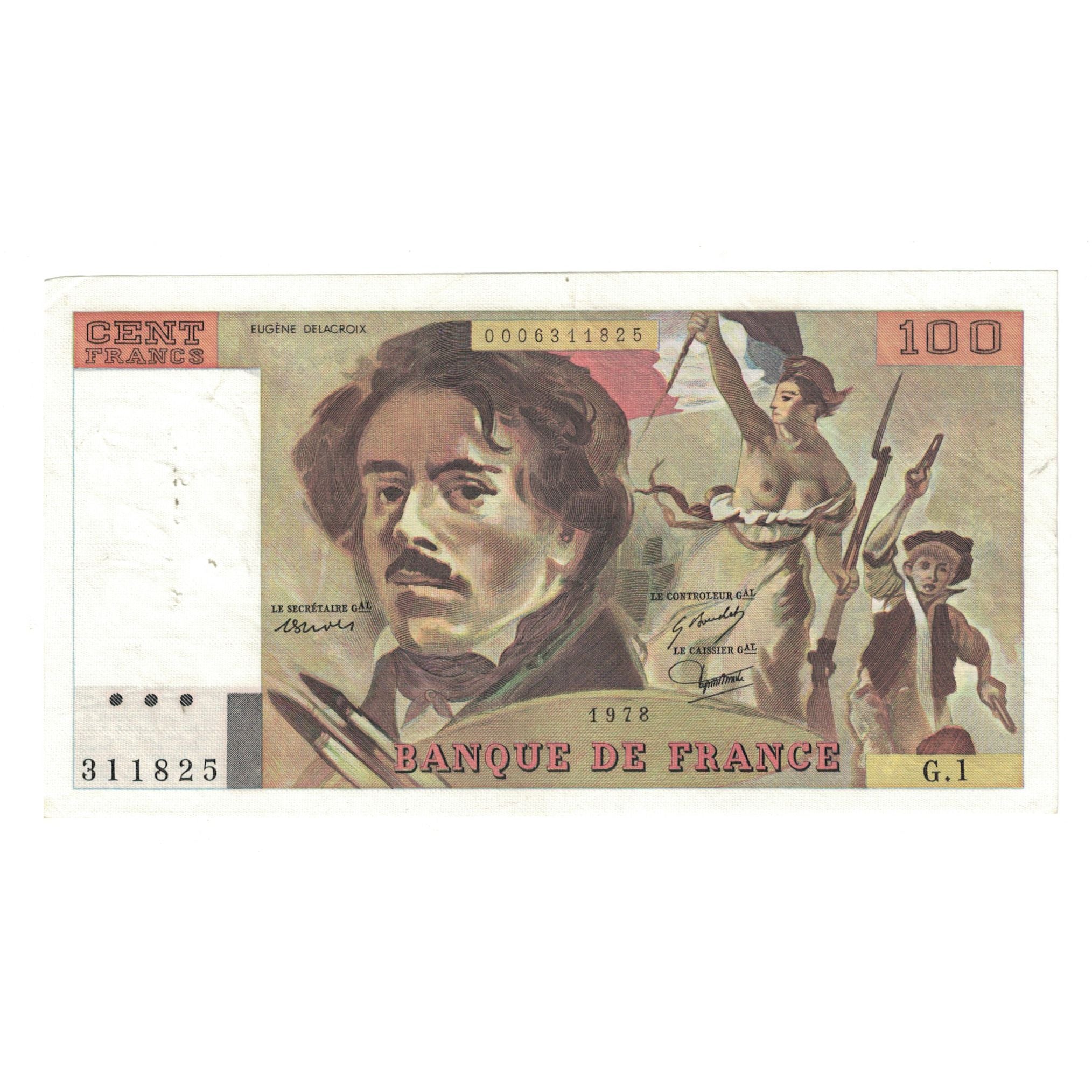 France, 100 Francs, Delacroix, 1978, G.1311825, AU(50-53), Fayette:68.01
