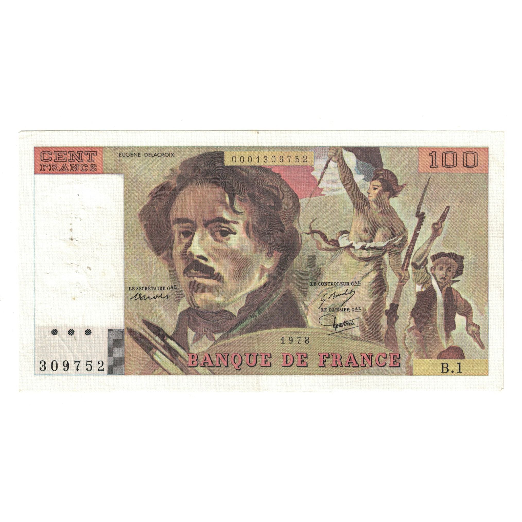 France, 100 Francs, Delacroix, 1978, B.1309752, AU(50-53), Fayette:68.01