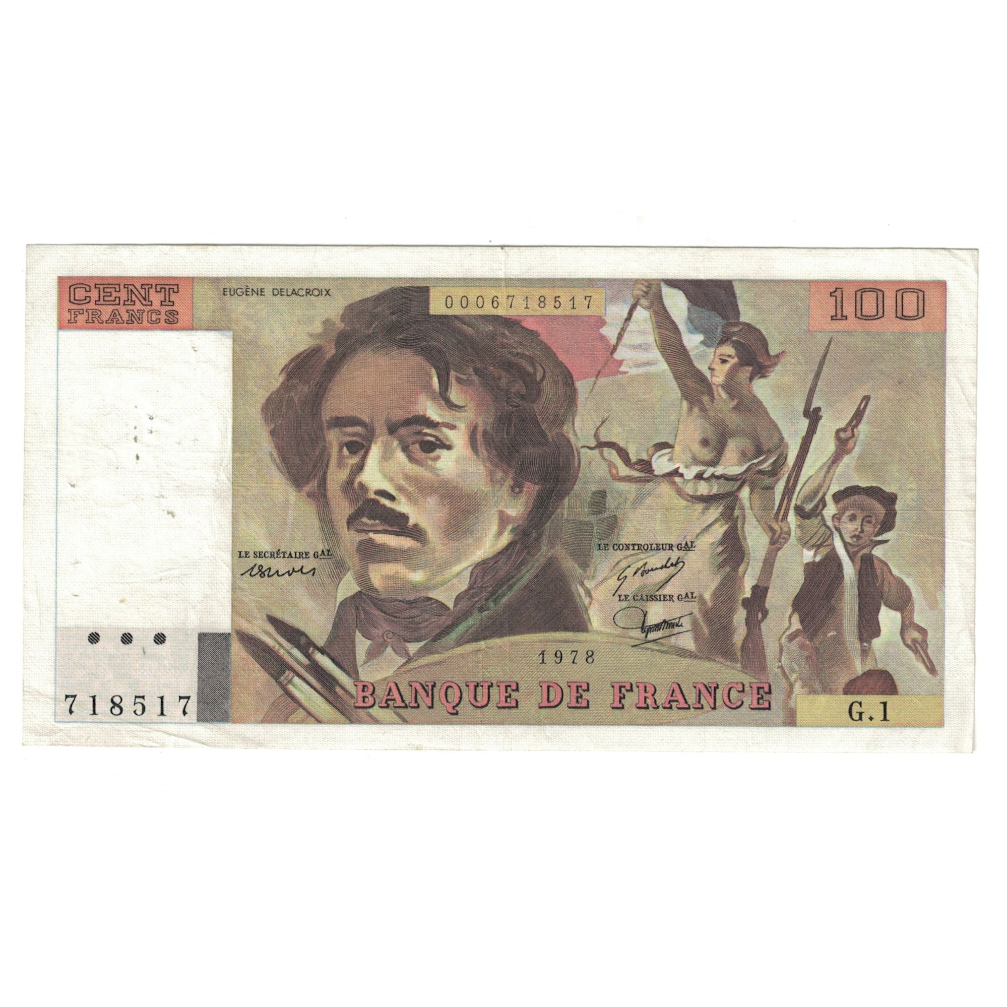 France, 100 Francs, Delacroix, 1978, G.1718517, EF(40-45), Fayette:68.1, KM:154a
