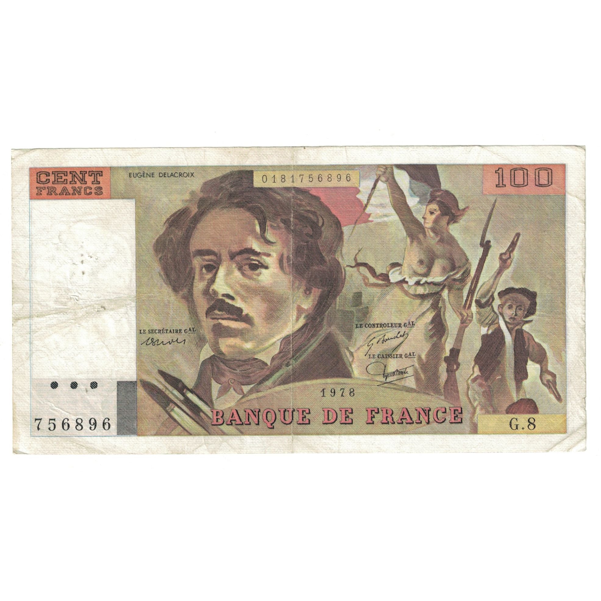 France, 100 Francs, Delacroix, 1978, G.8756896, VF(20-25), Fayette:69.01e