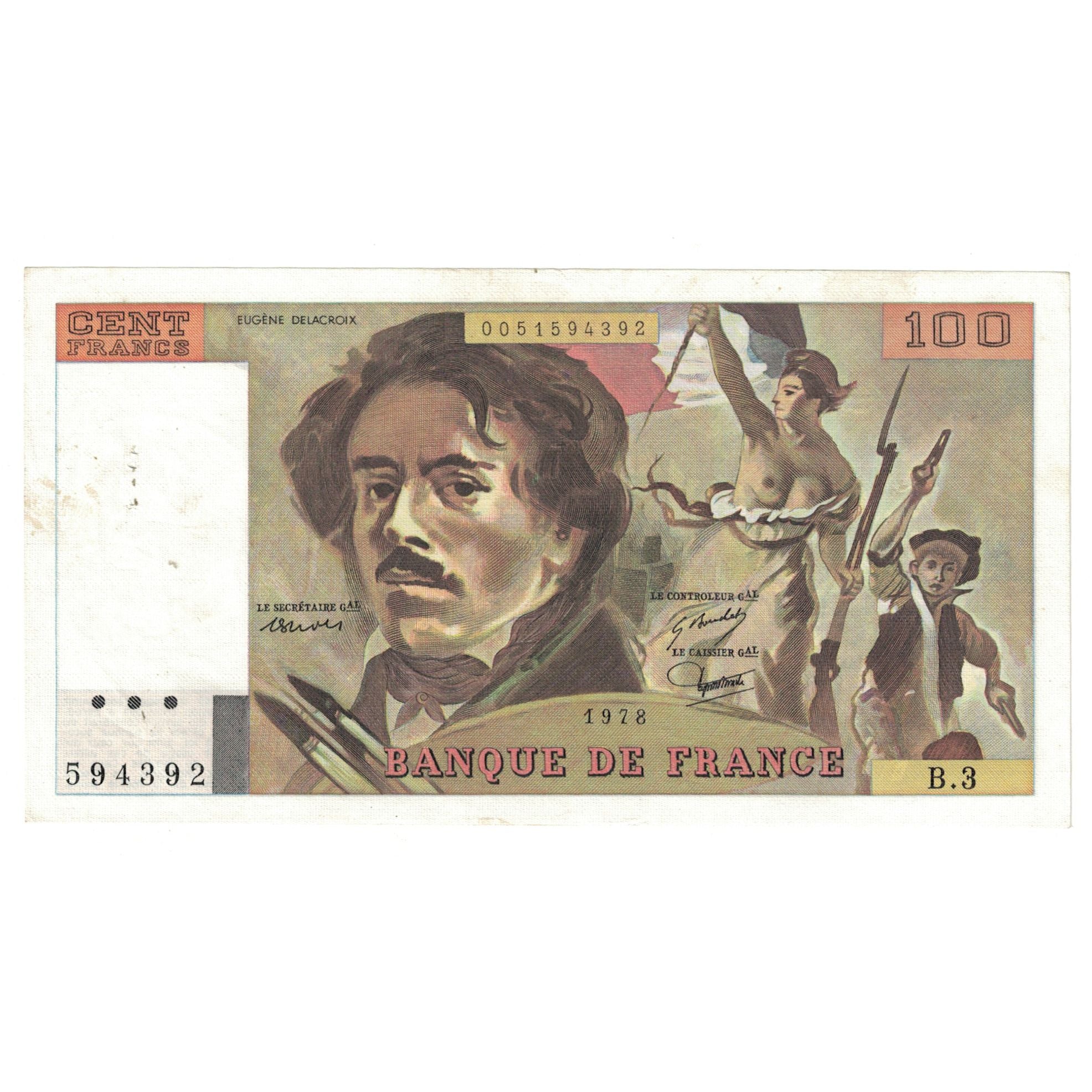 France, 100 Francs, Delacroix, 1978, B.3594392, EF(40-45), Fayette:68.3, KM:154a