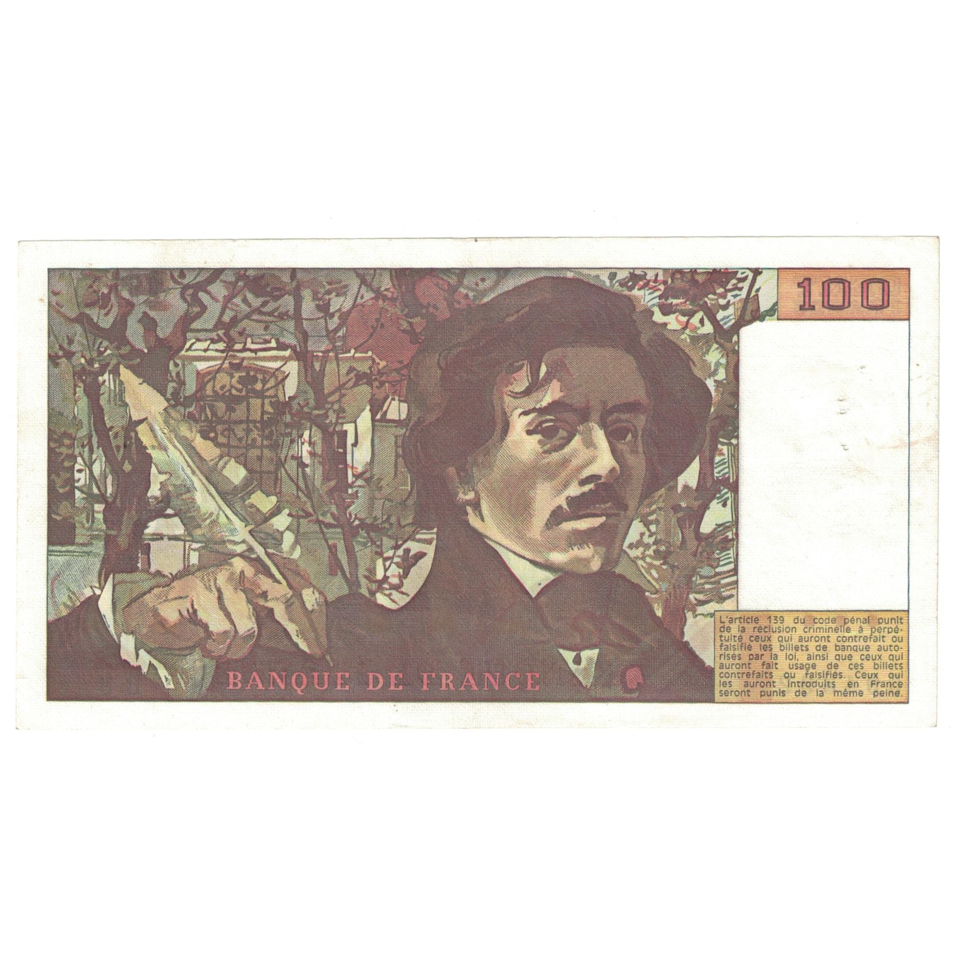 France, 100 Francs, Delacroix, 1978, B.3594392, EF(40-45), Fayette:68.3, KM:154a