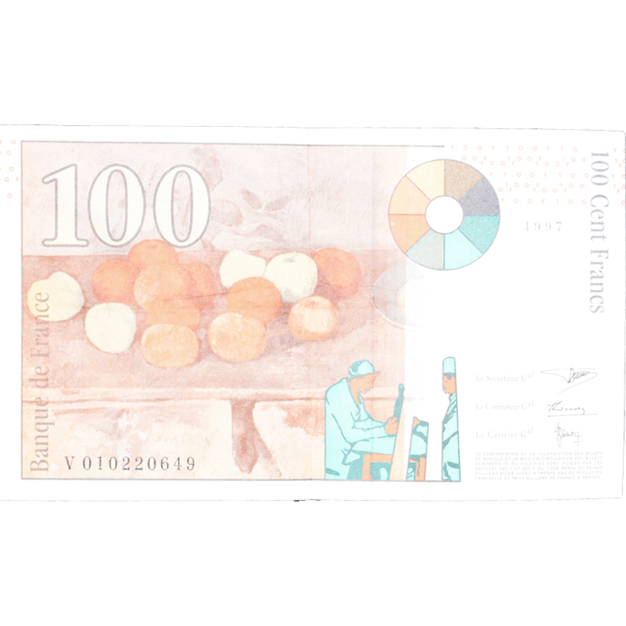 France, 100 Francs, Cézanne, 1997, V 010220649, EF(40-45), Fayette:74.01