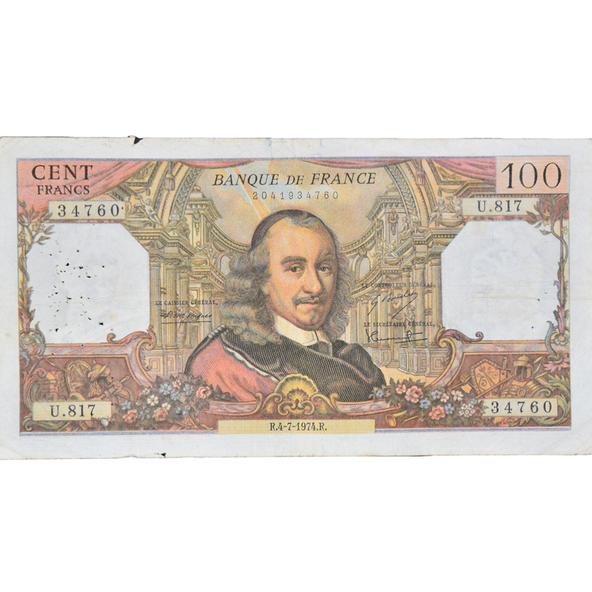 France, 100 Francs, Corneille, 1974, U.81734760, VF(20-25), Fayette:65.46