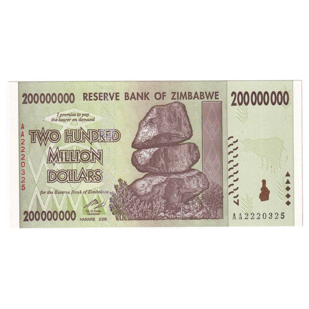 Billete, 200 Million Dollars, 2008, Zimbabue, UNC
