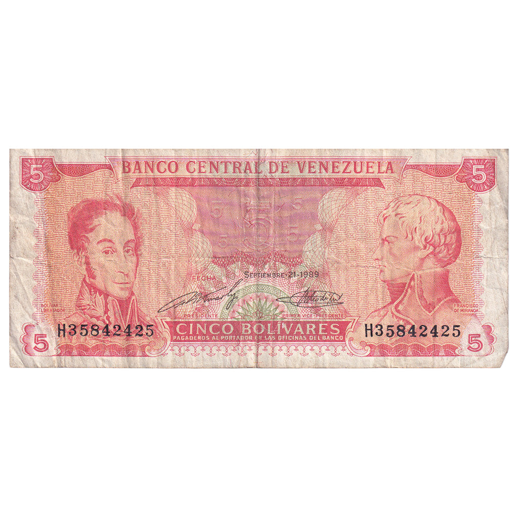 Banknote, Venezuela, 5 Bolivares, 1989, 1989-09-21, KM:70b, VF(20-25)