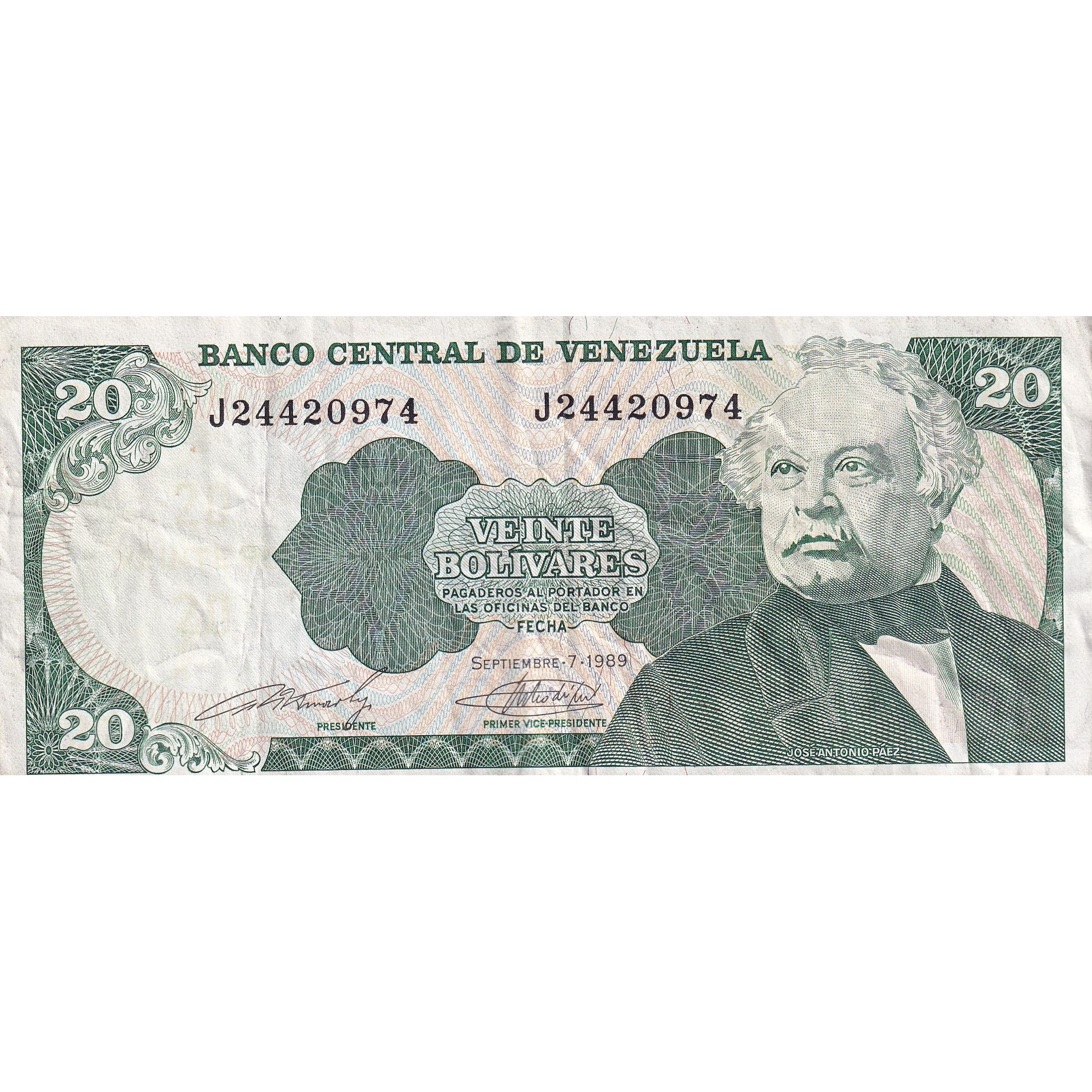 Banknote, Venezuela, 20 Bolivares, 1989, 1989-09-07, KM:63b, VF(30-35)