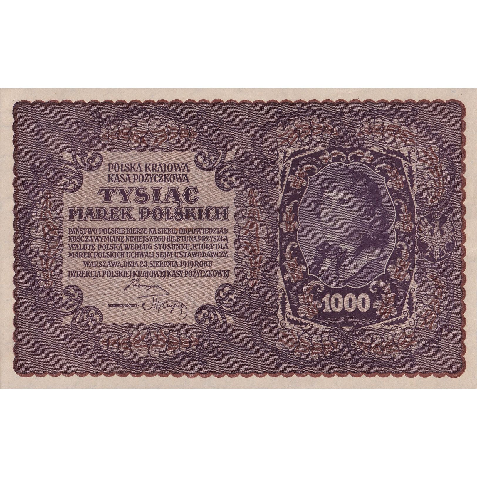 Banknot, Polska, 1000 Marek, 1919, 1919-08-23, KM:29, AU(55-58)