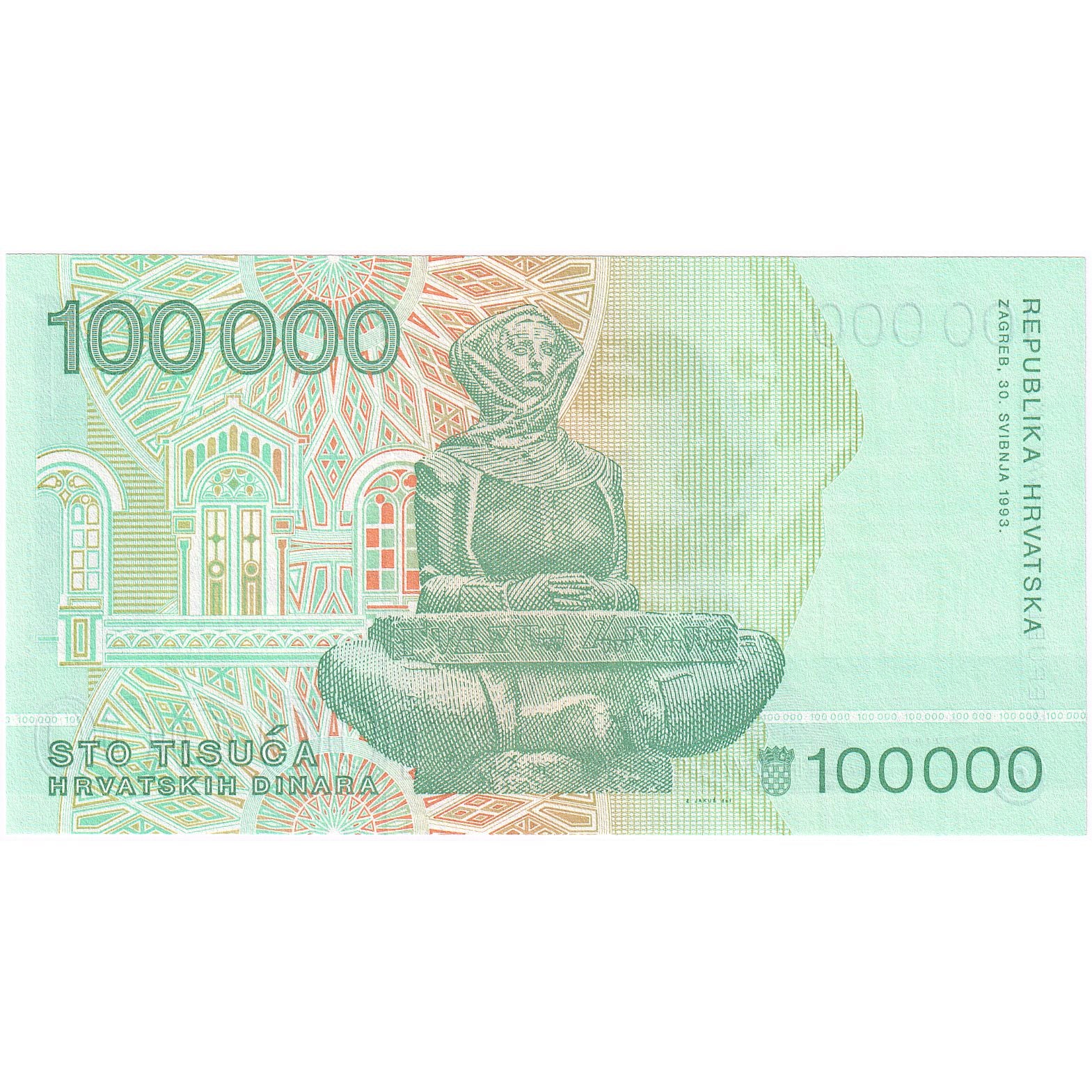 Kroatien, 100,000 Dinara, 1993, 1993-05-30, KM:27A, UNZ