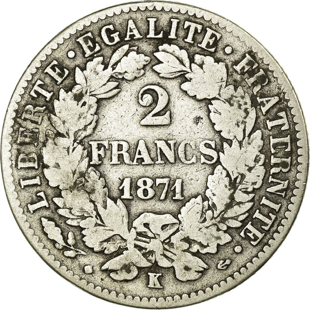 Francia, 2 Francs, Cérès, 1871, Bordeaux, Plata, BC+, Gadoury:530