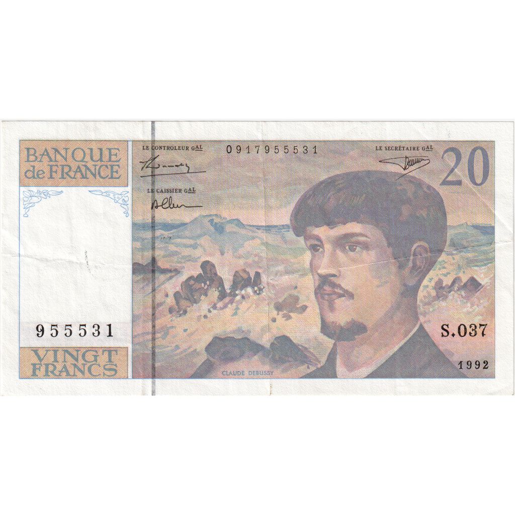 Francia, 20 Francs, Debussy, 1992, S.037955531, BB, Fayette:66bis.3, KM:151f