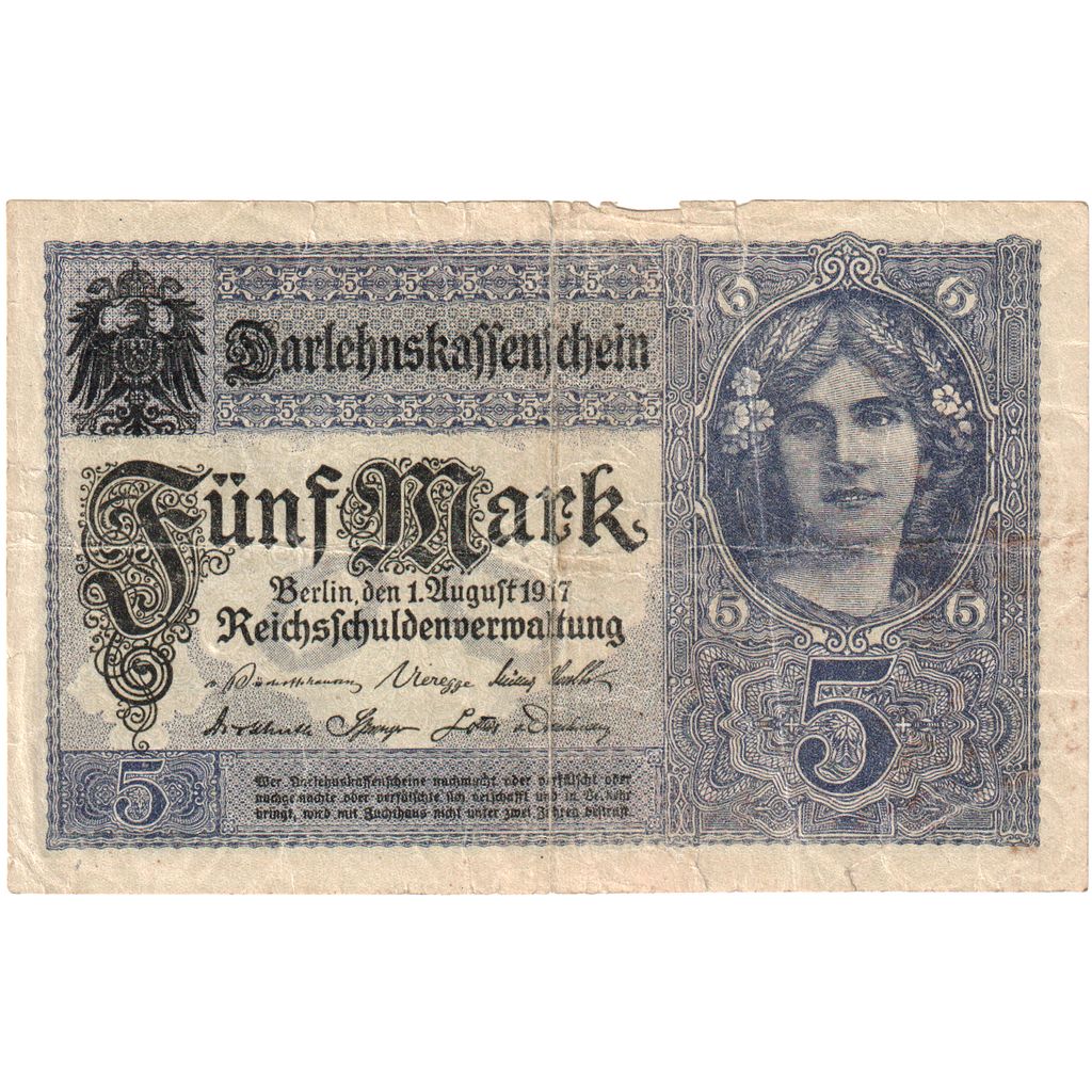Germany, 5 Mark, 1917, 1917-08-01, KM:56a, VF(20-25)