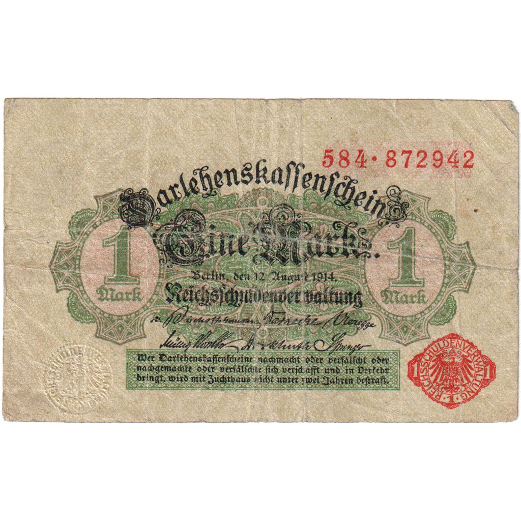 Geldschein, Deutschland, 1 Mark, 1914, 1914-08-12, KM:51, S
