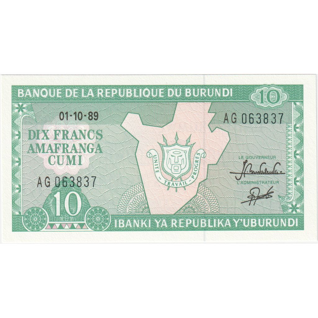 Banknote, Burundi, 10 Francs, 1989, 1989-10-01, KM:33b, UNC(65-70)