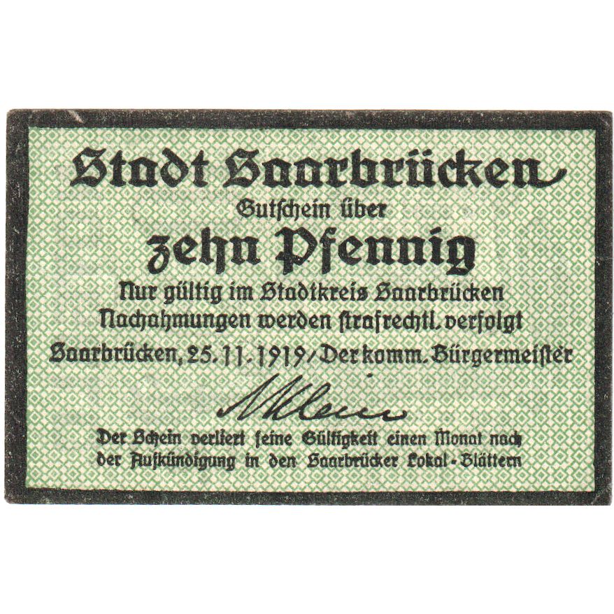 Deutschland, Saarbrücken Stadt, 10 Pfennig, Eglise, 1919, 1919-11-25, UNZ