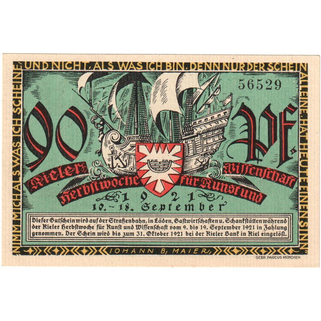 Geldschein, Deutschland, Kiel, 90 Pfennig, Port, 1921, 1921-09-10, UNZ-