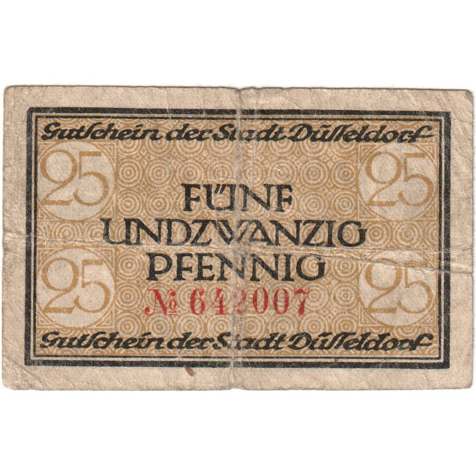 Niemcy, Düsseldorf, 25 Pfennig, Texte, Undated (1918), EF(40-45), Mehl:P17.2