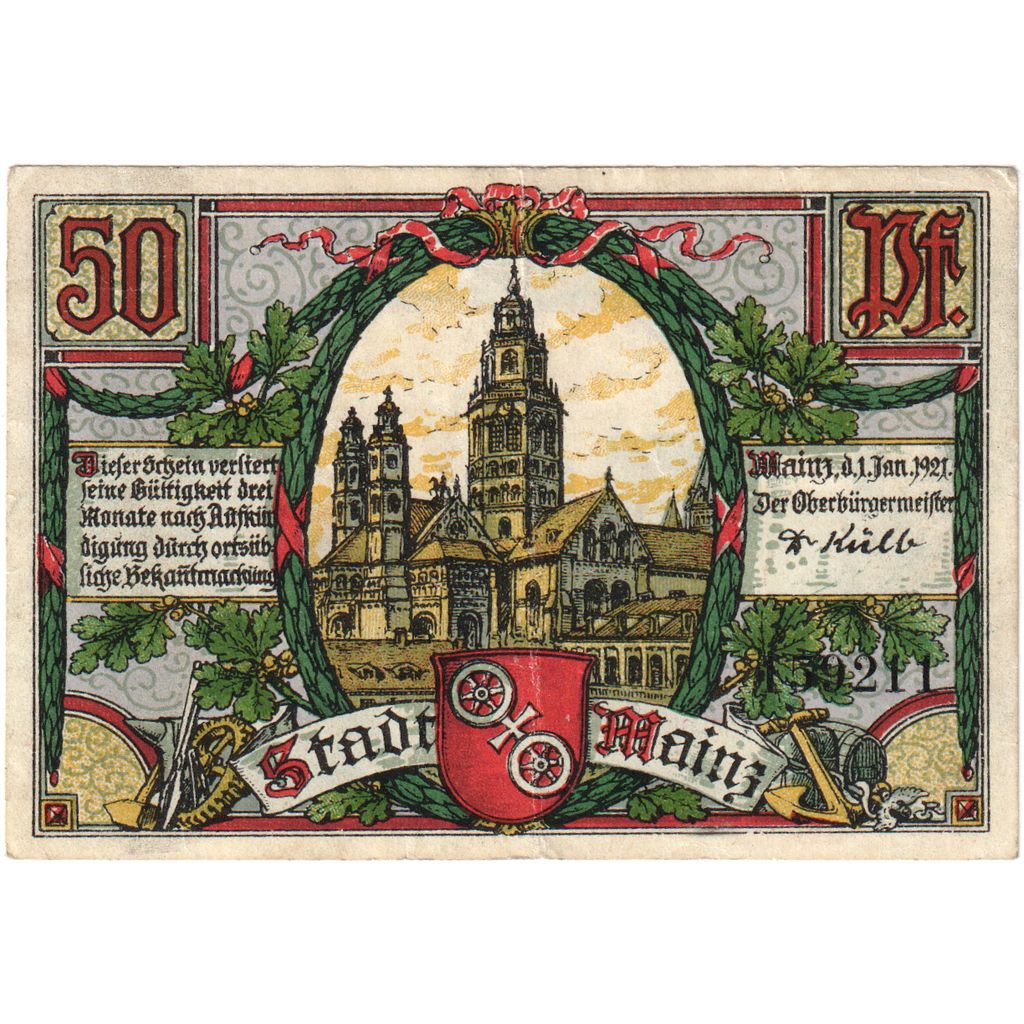 Alemania, Mainz, 50 Pfennig, cathédrale, 1921, 1921-01-01, EBC, Mehl:860.1a