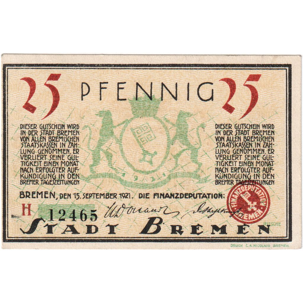 Niemcy, Bremen, 25 Pfennig, place, 1921, 1921-09-15, AU(55-58), Mehl:169.1