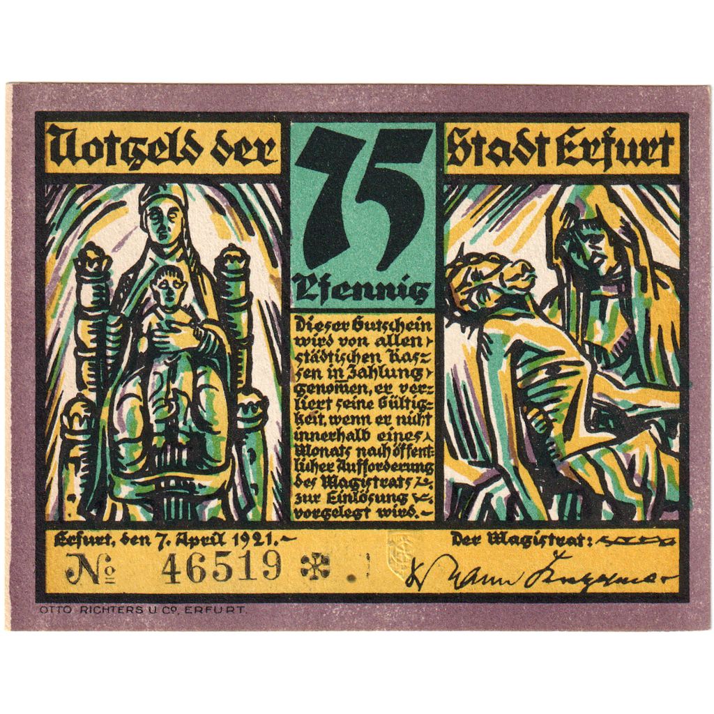 Germany, Erfurt Stadt, 75 Pfennig, personnage, 1921, 1921-04-07, UNC(65-70)