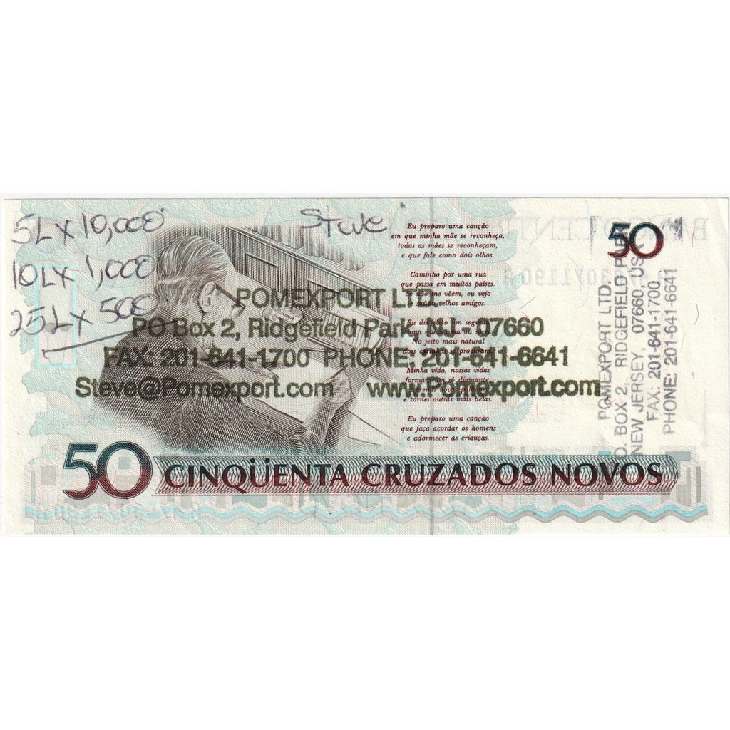 Brasilien, 50 Cruzeiros on 50 Cruzados Novos, Undated (1990), KM:223, S