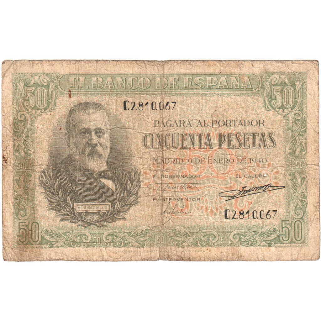 Banknote, Spain, 50 Pesetas, 1940, 1940-01-09, KM:117a, VF(20-25)