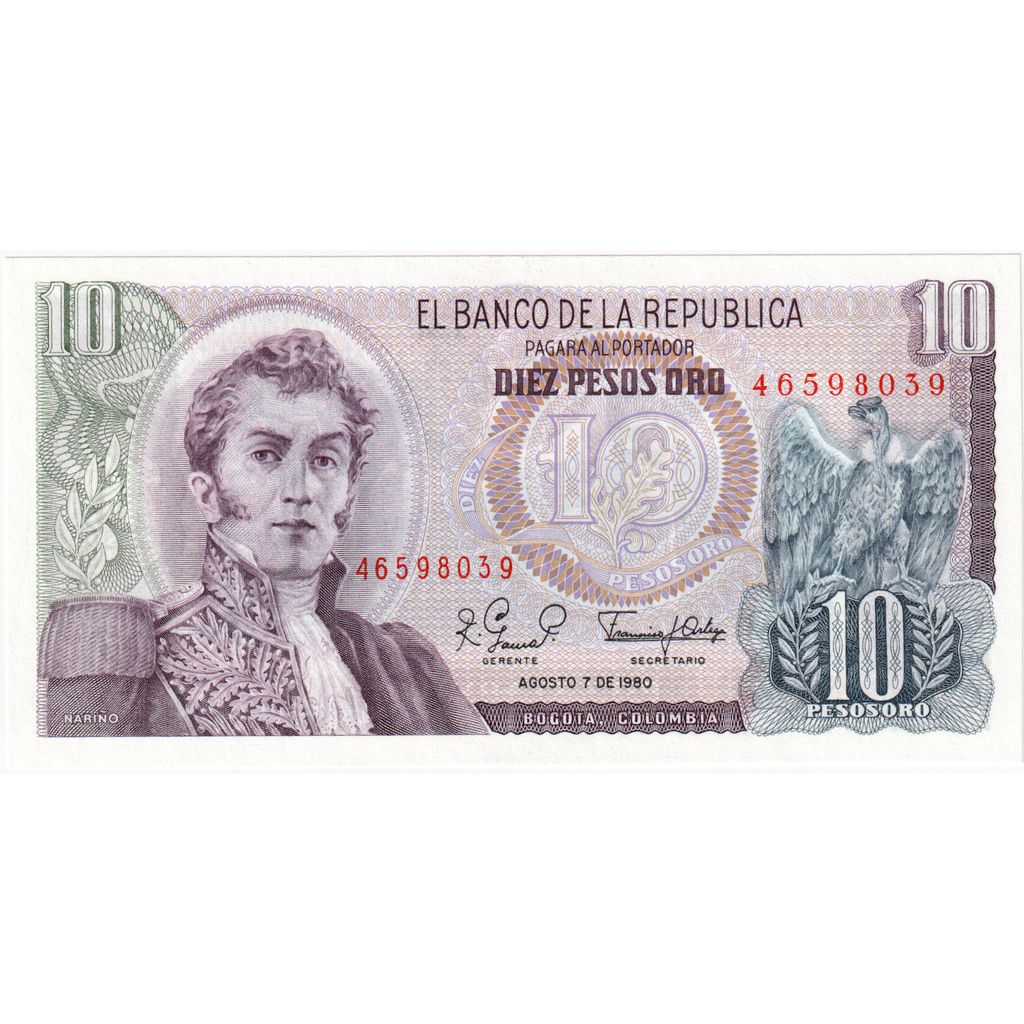 Colombia, 10 Pesos Oro, 1980, 1980-08-07, KM:407g, NIEUW