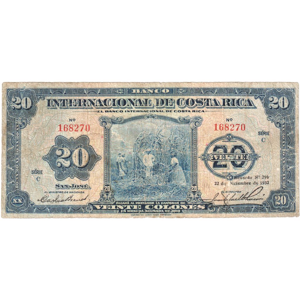 Costa Rica, 20 Colones, 1932, 1932-12-22, VF(20-25)