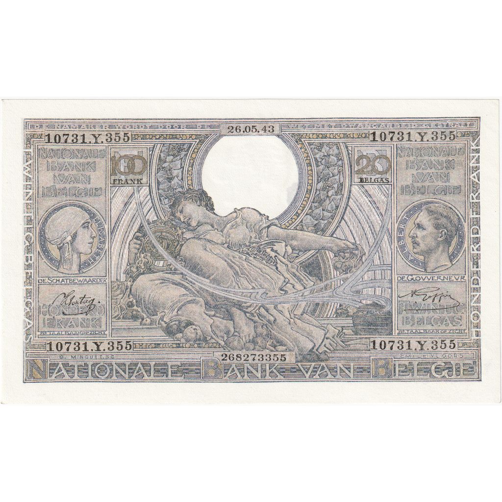 Belgique, 100 Francs-20 Belgas, 1943, 1943-05-26, KM:107, SUP