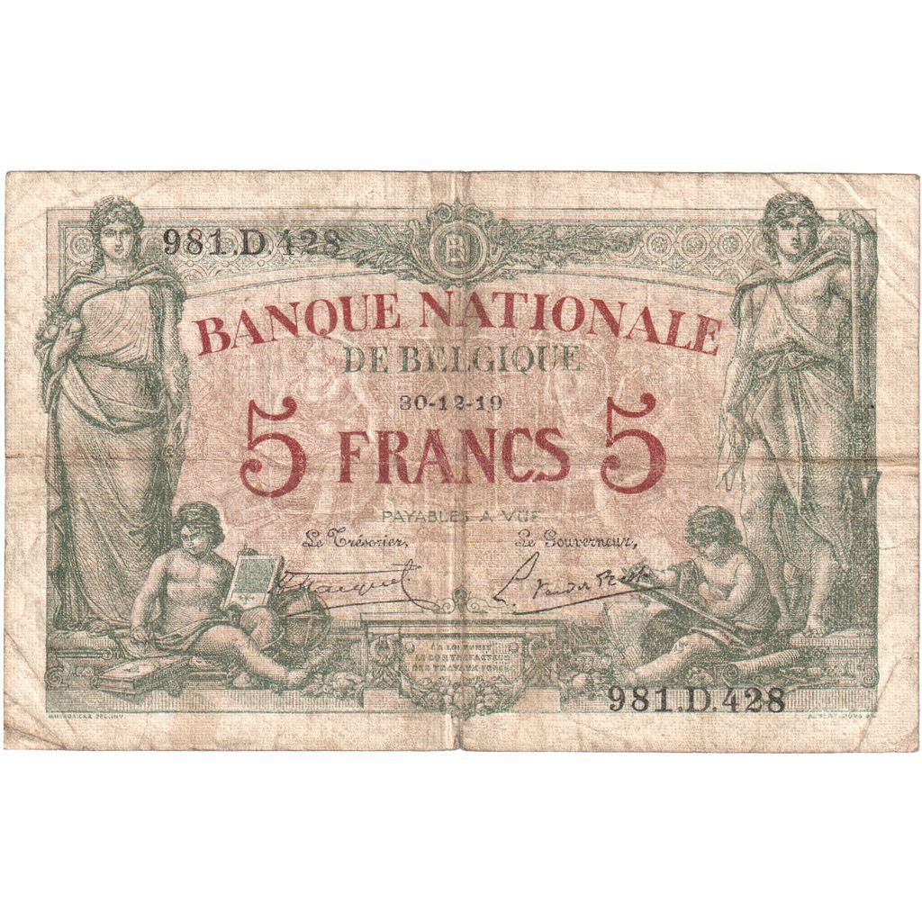 Belgium, 5 Francs, 1919, 1919-12-30, VF(20-25)