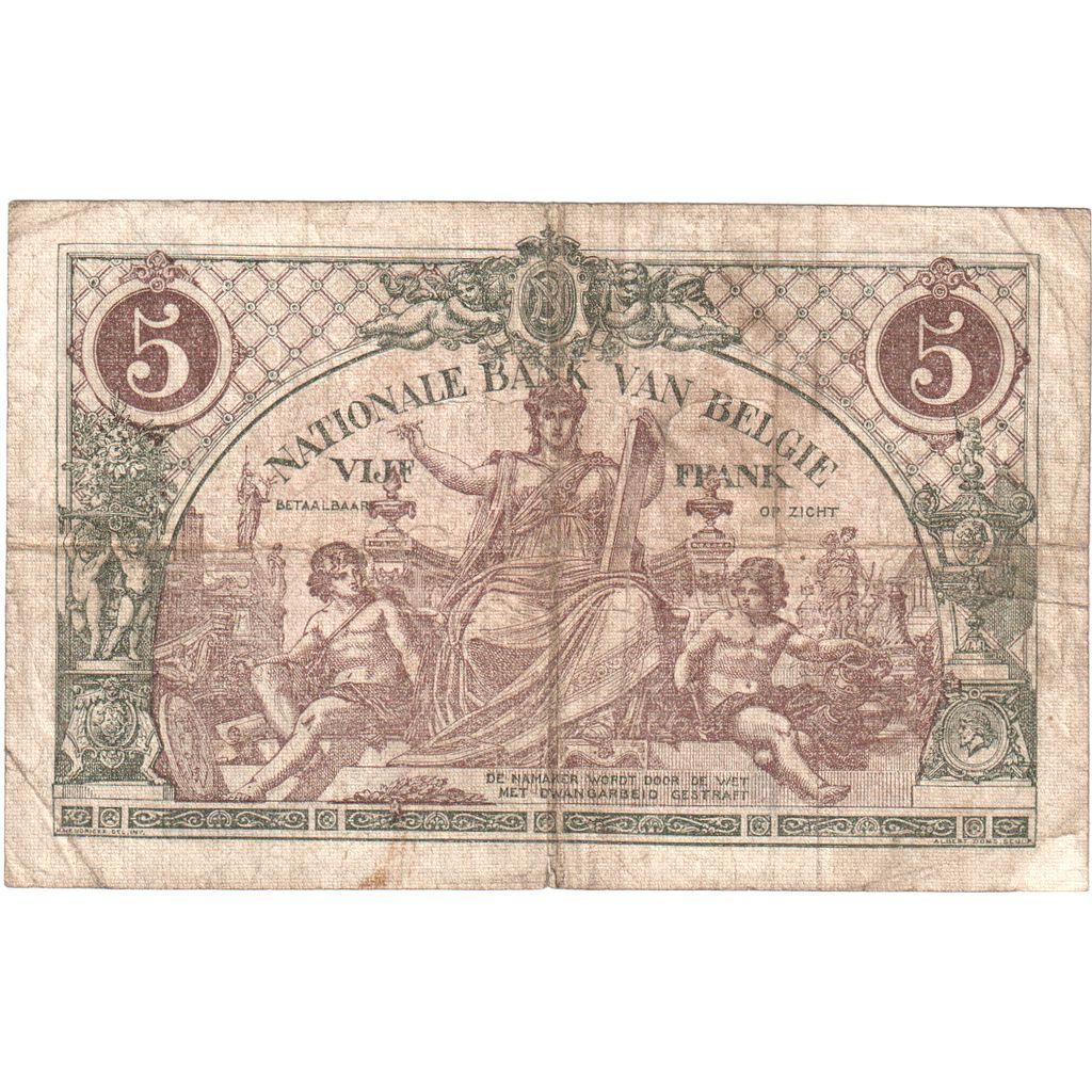 Belgium, 5 Francs, 1919, 1919-12-30, VF(20-25)