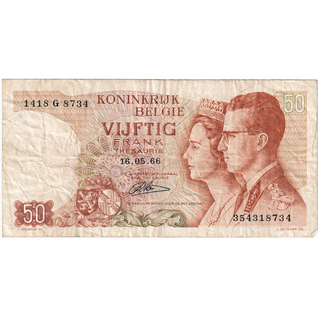 Bélgica, 50 Francs, 1966, 1966-05-16, KM:139, VF(20-25)