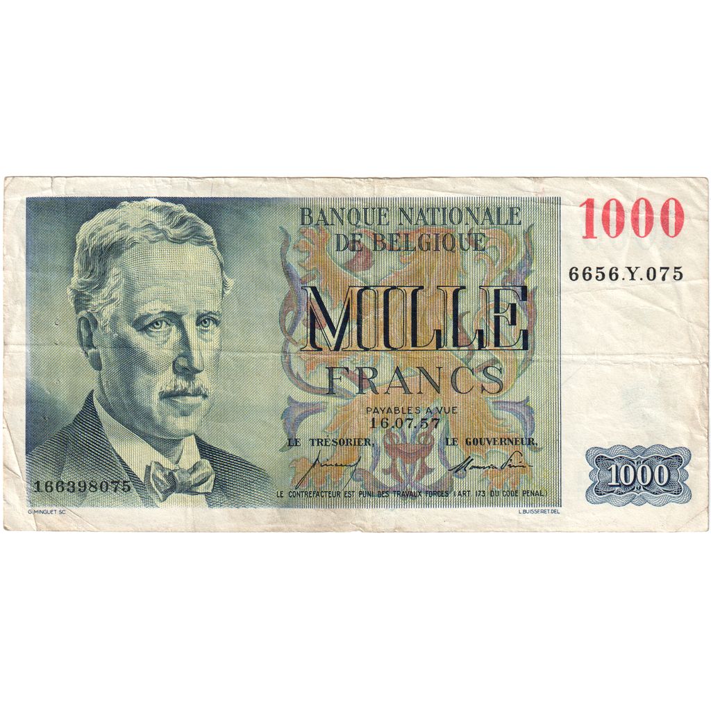 Belgium, 1000 Francs, 1957, 1957-10-28, KM:131a, VF(30-35)