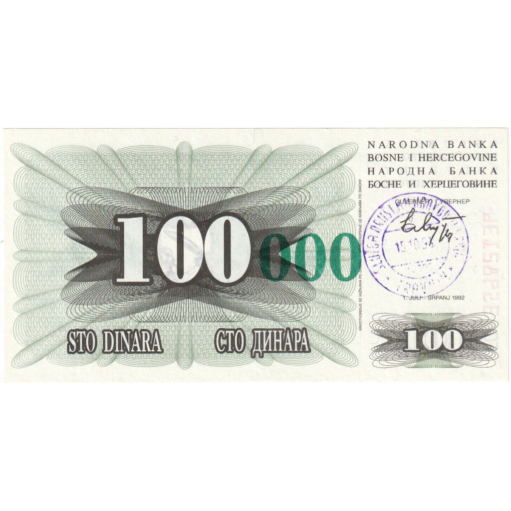 Bosnia - Herzegovina, 100,000 Dinara, 1992, 1992-07-01, KM:56a, UNC(65-70)