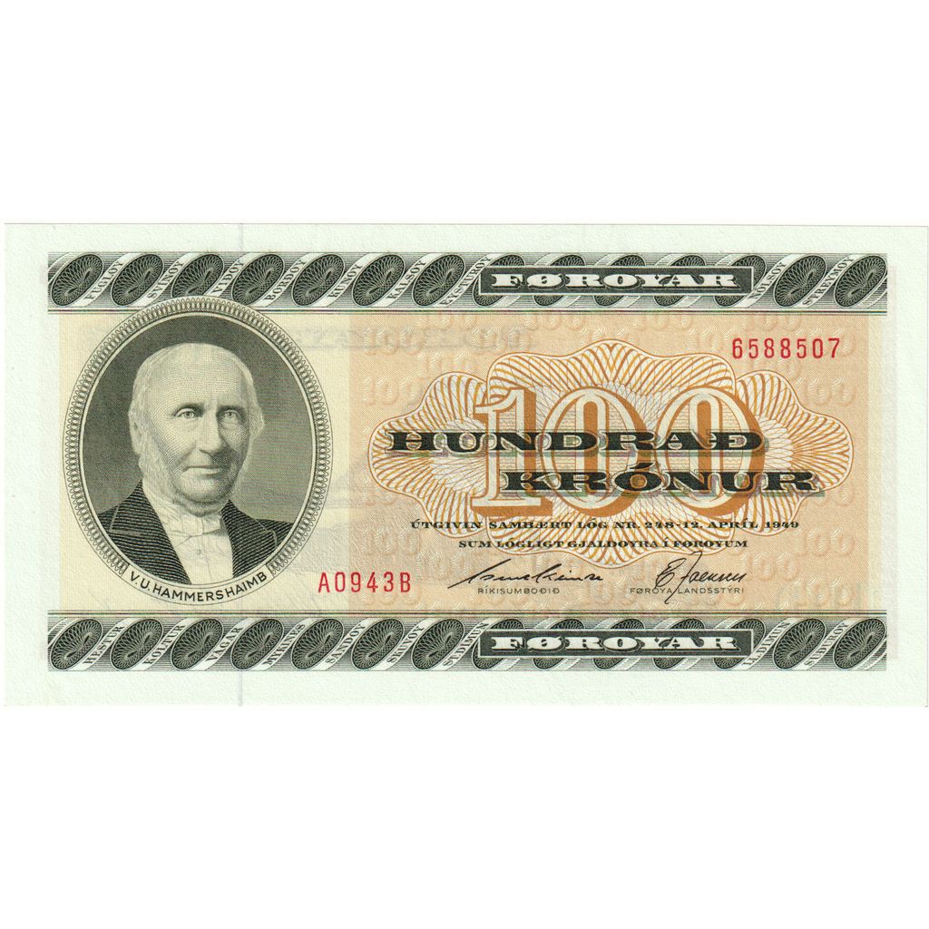 Isole Faroe, 100 Kronur, 1949, KM:21d, FDS